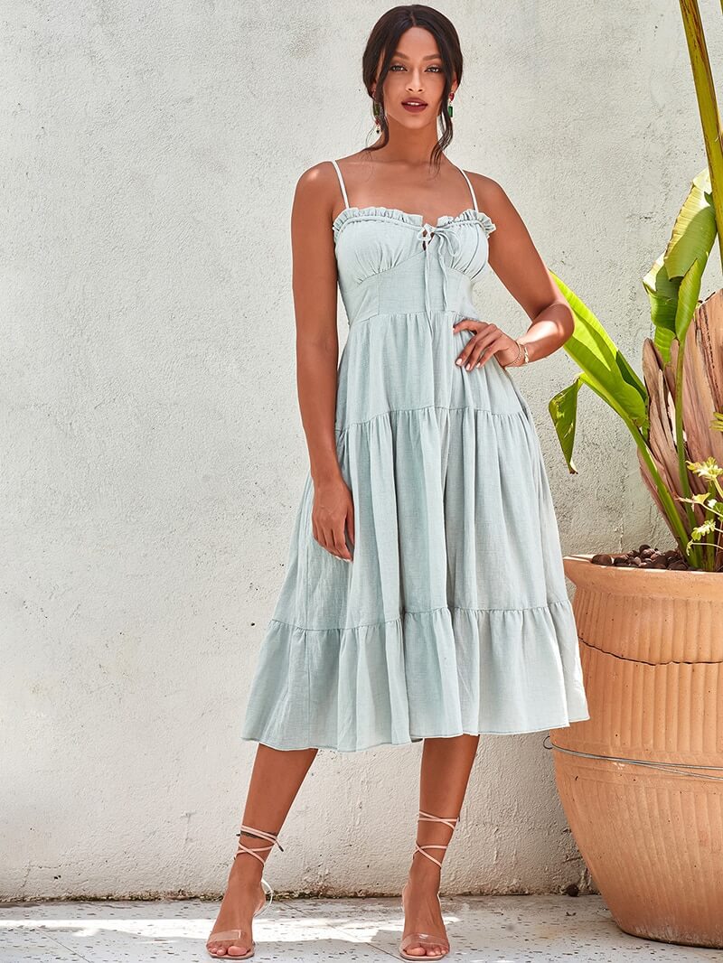 Estrid Pale Green Ruffle Midi Summer Dress Green / M
