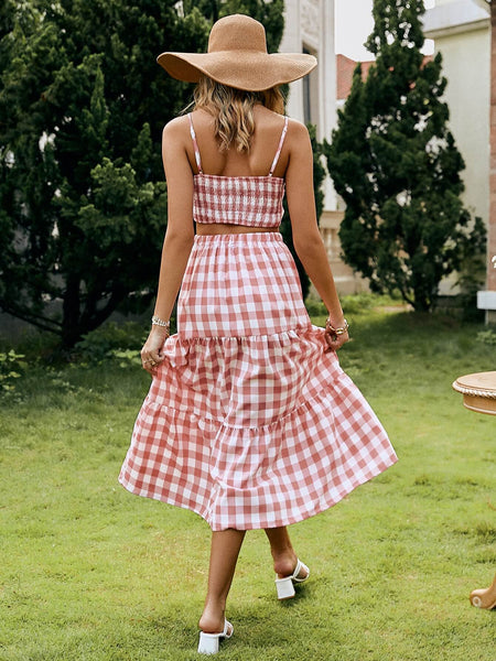pink plaid midi dress Katie Pink Plaid Two-Piece Midi Dress Pink / L