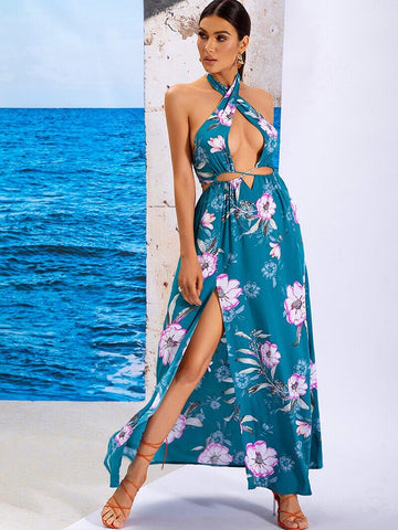 Tahlia Floral Blue-Print Halter Summer Resort Maxi Dress