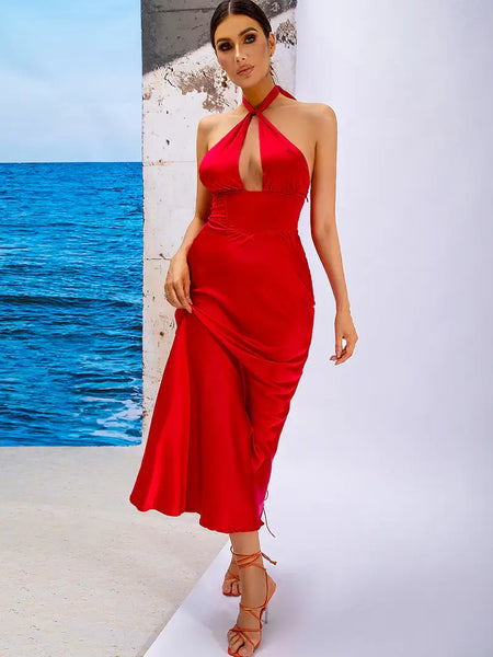 Bettina Red Satin Halter Cocktail Midi Dress Red / M