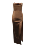 Dashing Strapless Party Dress - Dressereal.com, split, ruched, satin, strapless, party, cocktail, maxi, pink, black, brown.