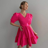 Luciana Puff-Sleeve Dress-Dressereal-black,cocktail,party,pink,ruffles,short,v-neck