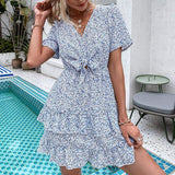 Elizabeth Blue Summer Dress-Dressereal-blue,casual,floral,party,ruffles,summer,tie-waist,v-neck