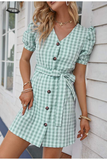 Reese Green Gingham Dress-Dressereal-gingham,green,puff sleeves,short,summer,tie-waist