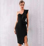 Mila One-Shoulder Cocktail Dress - black, midi, party, ruffles, split 