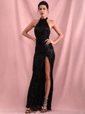 Maxime Sexy Black Sequin Halter Formal Dress