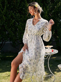 Lillie Long-Sleeved White Floral Midi Dress, summer