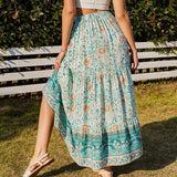 Fleur Floral Maxi Skirt-Dressereal-boho,casual,floral,green,maxi,ruffles,summer