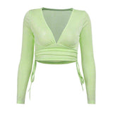 Taryn Long-Sleeved Cropped Top-Dressereal-autumn,blue,green,long-sleeved,party,v-neck