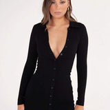 Mariah Black Midi Dress-Dressereal-black,casual,long-sleeved,midi,split,v-neck