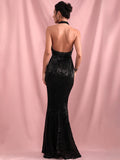 Maxime Sexy Black Sequin Halter Formal Dress