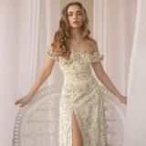 Adele Romantic Midi Dress-Dressereal-apricot,black,casual,floral,midi,off-shoulder,party,ruffles,split,summer