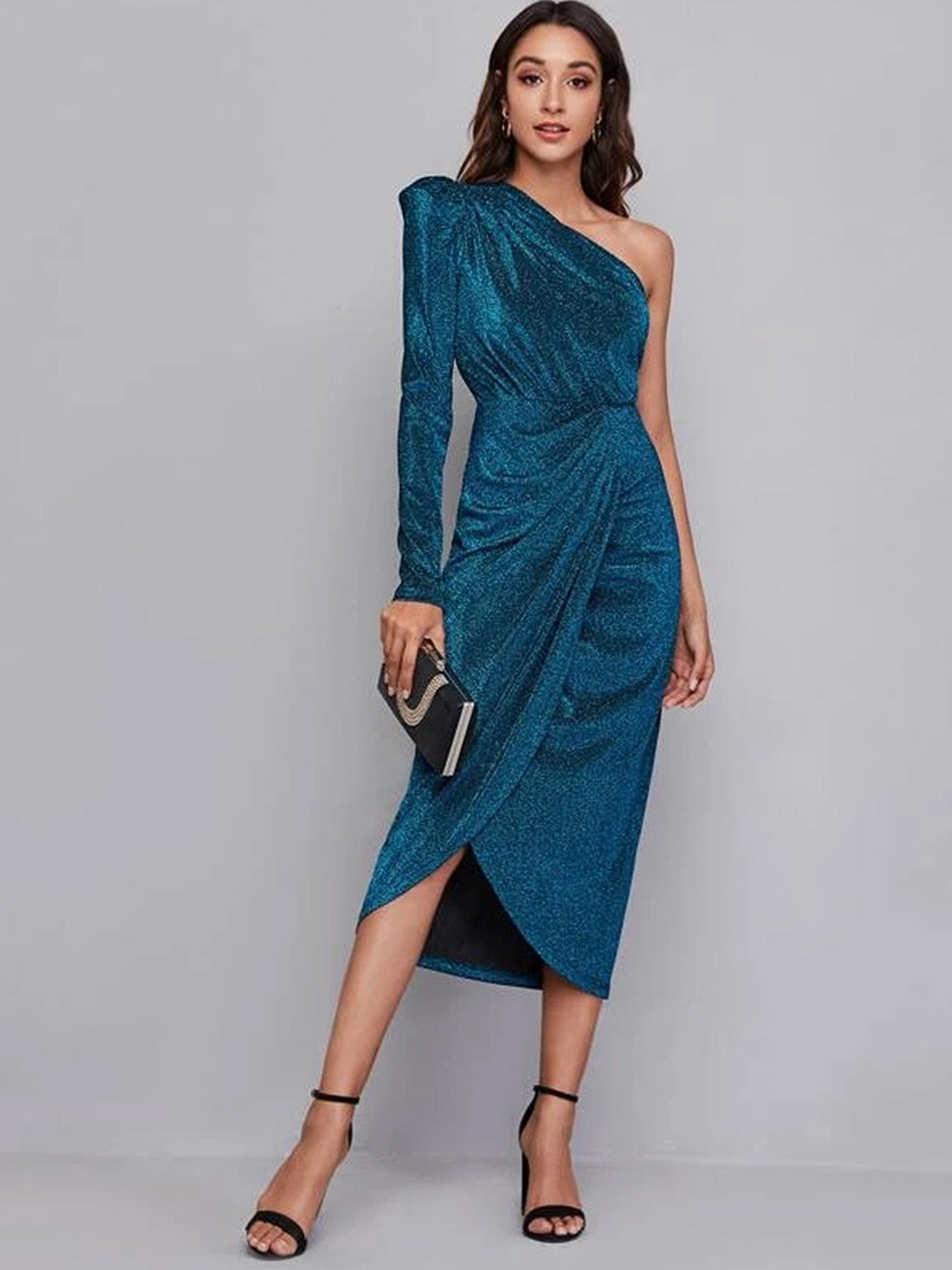 Una One-Shoulder Blue Midi Cocktail Dress Blue / XS Una One-Shoulder Blue Midi Cocktail Dress Blue / XS