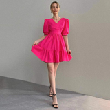 Luciana Puff-Sleeve Dress-Dressereal-black,cocktail,party,pink,ruffles,short,v-neck