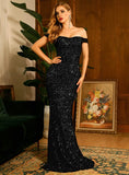 Talia Black Off-Shoulder Sequin Formal Dress