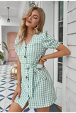 Reese Green Gingham Dress-Dressereal-gingham,green,puff sleeves,short,summer,tie-waist