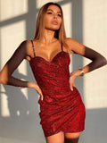 Andromeda Sparkly Party Dress-Dressereal-mini,party,red,ruched,silver,spaghetti-straps