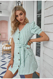 Reese Green Gingham Dress-Dressereal-gingham,green,puff sleeves,short,summer,tie-waist