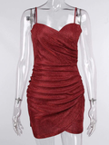 Andromeda Sparkly Party Dress-Dressereal-mini,party,red,ruched,silver,spaghetti-straps