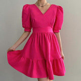 Luciana Puff-Sleeve Dress-Dressereal-black,cocktail,party,pink,ruffles,short,v-neck