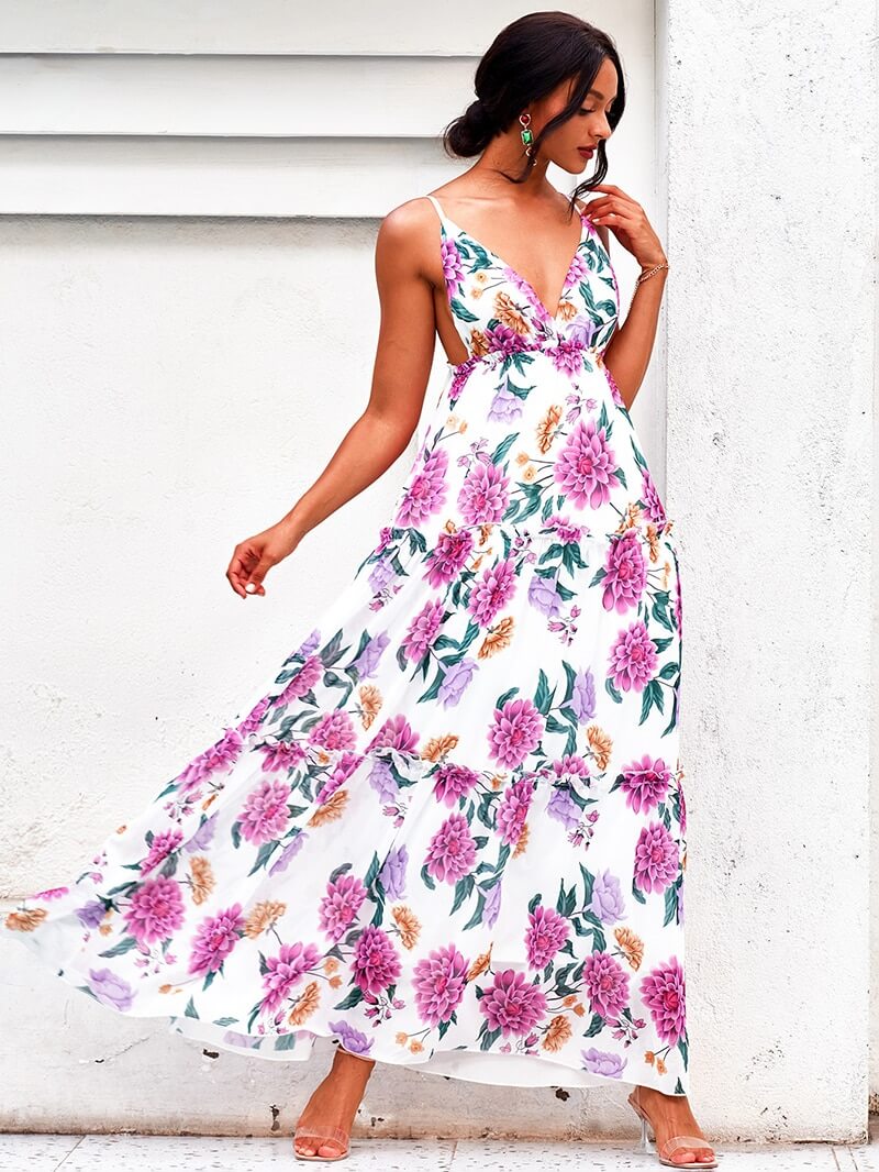 Dahlia Pink Floral Print Maxi Summer Dress Pink / L Dahlia Pink Floral Print Maxi Summer Dress Pink / L