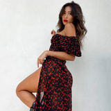 Carmina Party Dress-Dressereal-black,evening,floral,off-shoulder,party,print,split