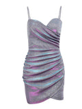 Andromeda Sparkly Party Dress-Dressereal-mini,party,red,ruched,silver,spaghetti-straps