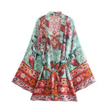 Okinawa Short Boho Kimono-Ainoway-boho,casual,floral,green,print,summer