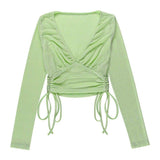 Taryn Long-Sleeved Cropped Top-Dressereal-autumn,blue,green,long-sleeved,party,v-neck