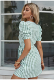 Reese Green Gingham Dress-Dressereal-gingham,green,puff sleeves,short,summer,tie-waist