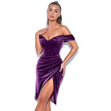 Estelle Velvet Cocktail Dress-Dressereal-blue,cocktail,evening,midi,off-shoulder,party,purple,split,velvet