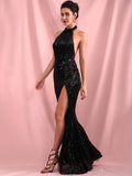 Maxime Sexy Black Sequin Halter Formal Dress