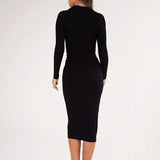 Mariah Black Midi Dress-Dressereal-black,casual,long-sleeved,midi,split,v-neck