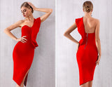 Mila One-Shoulder Cocktail Dress - red, midi, party, ruffles, split 