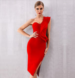 Mila One-Shoulder Cocktail Dress - red, midi, party, ruffles, split 