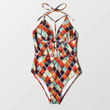 Domino Geometric-Print Halter One-Piece Swimsuit