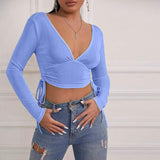 Taryn Long-Sleeved Cropped Top-Dressereal-autumn,blue,green,long-sleeved,party,v-neck