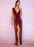 Red Sunset Sequin Maxi Evening Dress