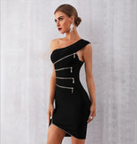 Zipper Black One-Shoulder Party Dress - bodycon