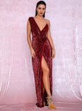 Red Sunset Sequin Maxi Evening Dress