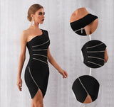 Zipper Black One-Shoulder Party Dress - bodycon