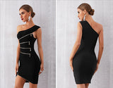 Zipper Black One-Shoulder Party Dress - bodycon