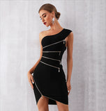 Zipper Black One-Shoulder Party Dress - bodycon