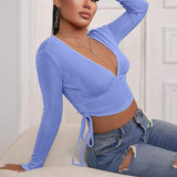 Taryn Long-Sleeved Cropped Top-Dressereal-autumn,blue,green,long-sleeved,party,v-neck