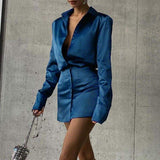 Delphine Blue Mini Dress-Dressereal-blue,long-sleeved,mini,party,satin