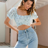 Freya Blue Blouse-Dressereal-blue,cropped,floral,off-shoulder,party,print,ruched,ruffles,summer