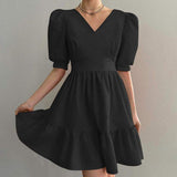 Luciana Puff-Sleeve Dress-Dressereal-black,cocktail,party,pink,ruffles,short,v-neck