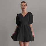 Luciana Puff-Sleeve Dress-Dressereal-black,cocktail,party,pink,ruffles,short,v-neck