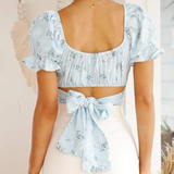 Freya Blue Blouse-Dressereal-blue,cropped,floral,off-shoulder,party,print,ruched,ruffles,summer