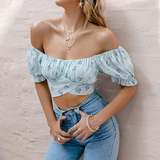 Freya Blue Blouse-Dressereal-blue,cropped,floral,off-shoulder,party,print,ruched,ruffles,summer